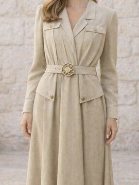 Vintage Pantel Canada Union Made Dress Sunburst Buckle Belted Midi Neutral 80s